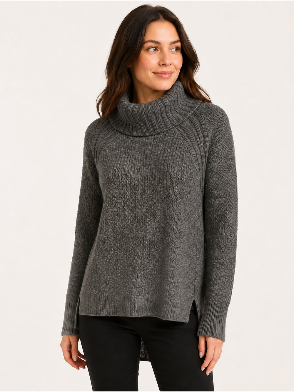 Hilary Radley Grey Cowl Neck High-Low Cotton Blend Sweater M